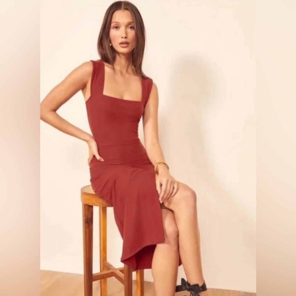 Reformation Rust Red Square-Neck Midi Dress